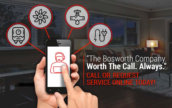 Smartphone displaying The Bosworth Company services, featuring icons for HVAC, plumbing, electrical, and customer support, with a tagline promoting online service requests.