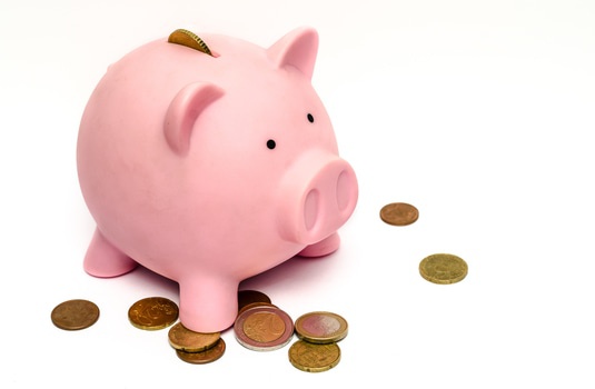 Pink piggy bank with coins, representing saving strategies for winter energy efficiency by The Bosworth Company.