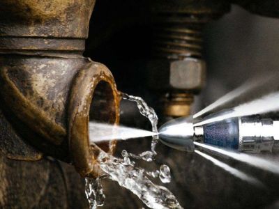 High-pressure hydro jetting nozzle clearing a clogged sewer pipe with water stream, showcasing effective drain cleaning method.