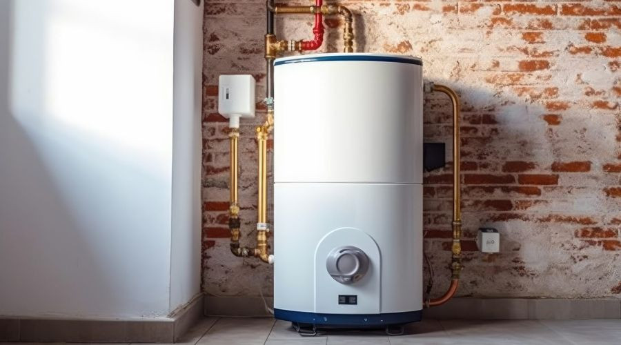 White cylindrical water heater with blue accent and gold pipes, by The Bosworth Company Kerrville.