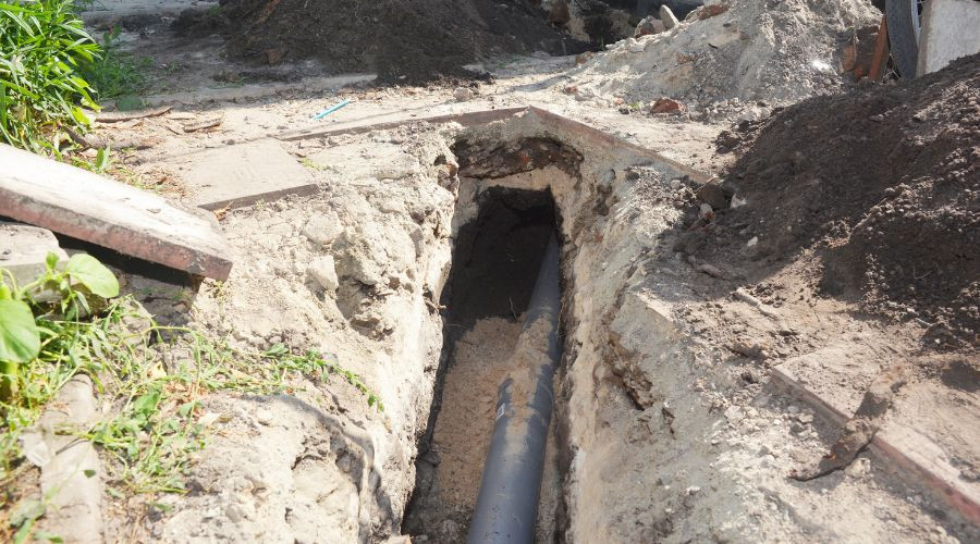 Open trench with underground pipe and soil, part of maintenance by The Bosworth Company Kerrville.